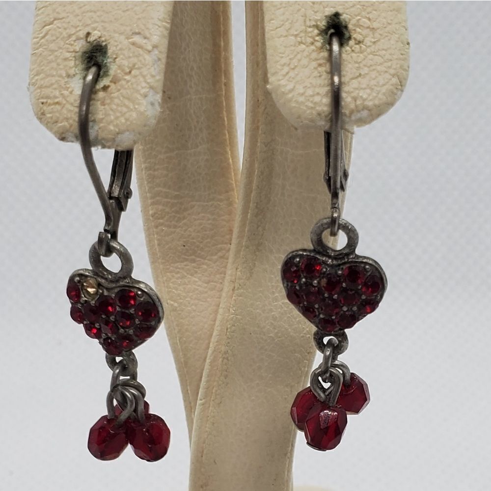 Gray & Red Dangling Heart Earrings